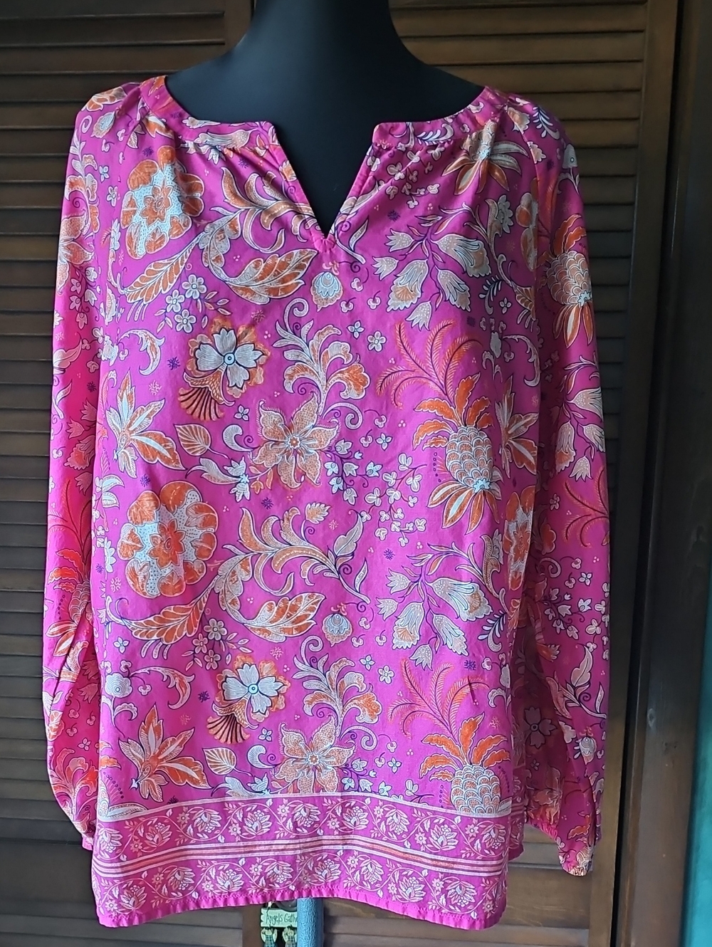 Talbots Long Sleeve Pink Orange Floral Lightweight Blouse Top Womens Petite XL